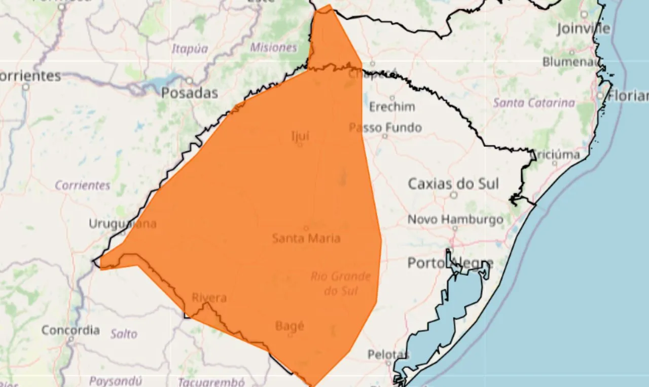 A imagem mostra &agrave;s &aacute;reas em alerta laranja para chuva intensa e ventos em grande parte do Sul
